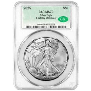 2025 American Silver Eagle CAC MS70 First Day of Delivery