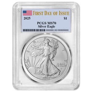 2025 American Silver Eagle MS70 PCGS First Day Issue Flag Label