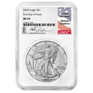 2025 American Silver Eagle NGC MS70 First Day Issue | Michael Gaudioso Signature Flag Label