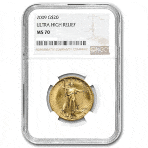 2009 Ultra High Relief Brown Label G$20 NGC MS70