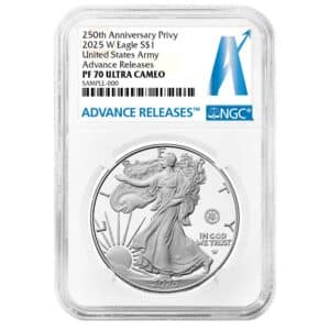 2025-W Proof Silver Eagle Army Privy NGC PF70UC Advanced Release Label 250th Anniversary