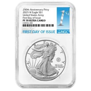 2025-W Silver Eagle Army Privy NGC PF70UC FDI First Label 250th Anniversary
